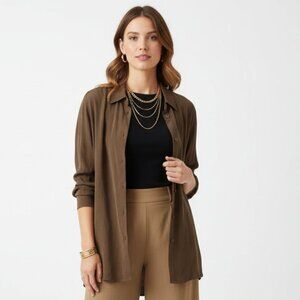 Preston & York 100% Silk Brown Long Sleeve Button Front Shacket Blouse Top NEW L